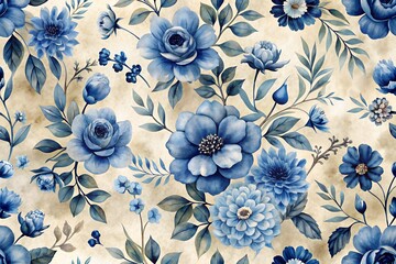 Repeating Hand Painted Indigo Florals On Soft