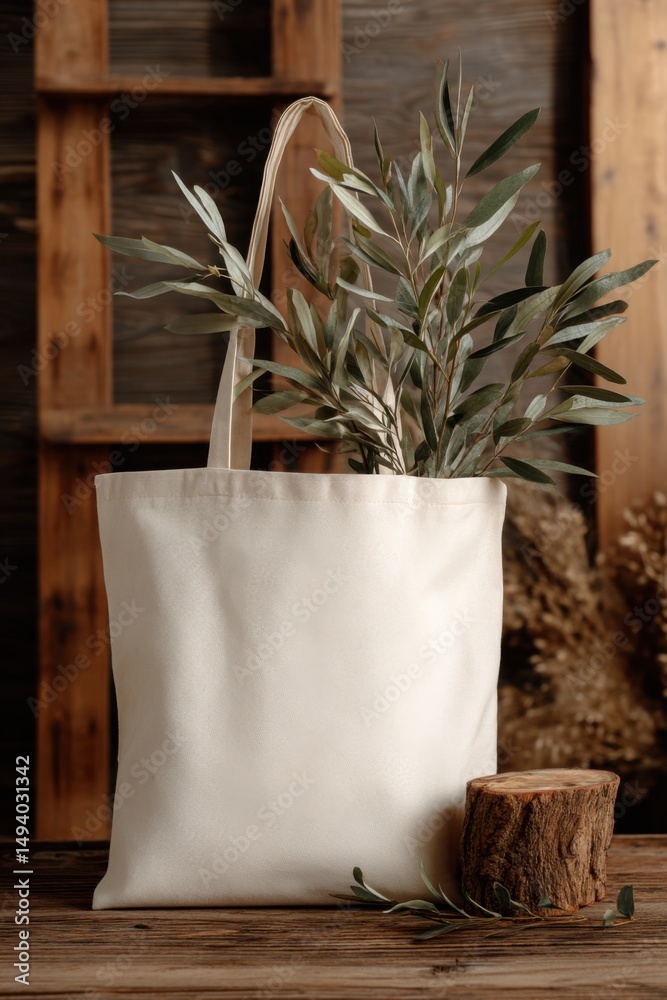 Aufkleber rustic canvas tote bag mockup with olive branches on wooden surface close up neutral tones eco frien