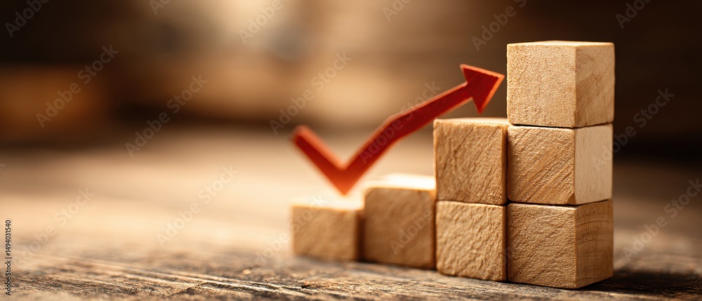 Poster wooden blocks stacked with red arrow showing growth and success on wood surface close up macro busin