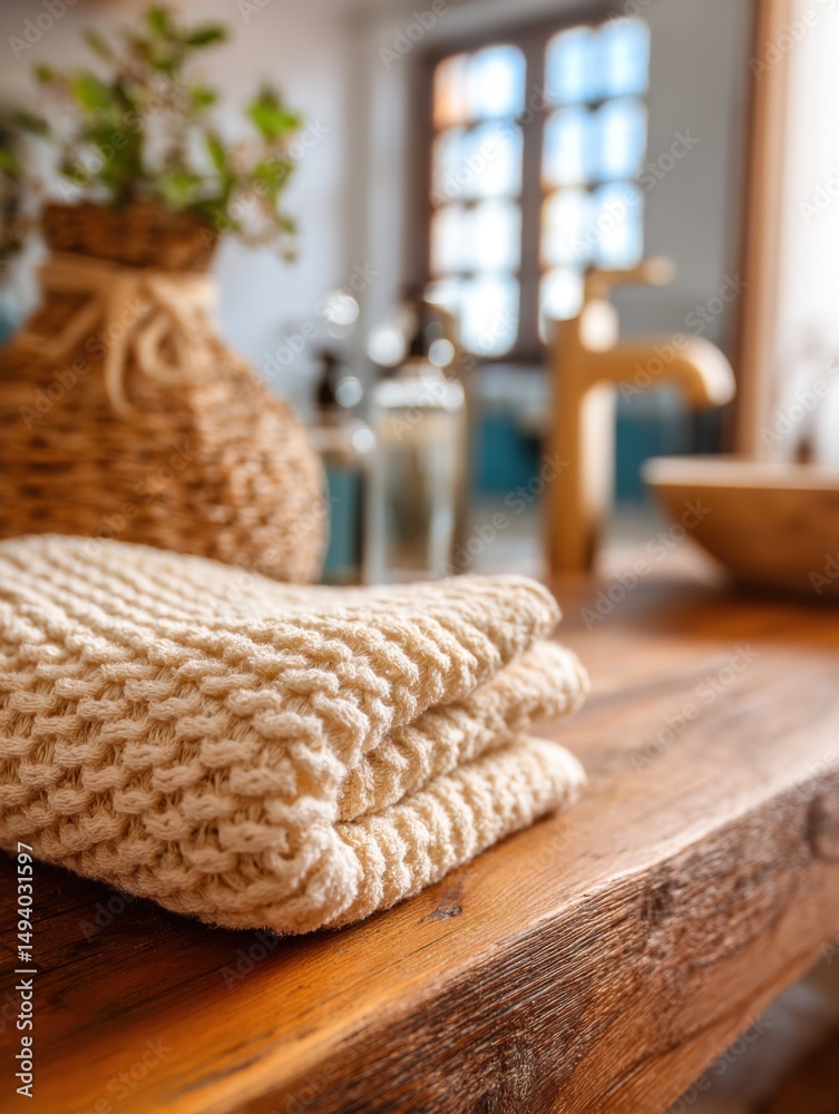 Poster close-up of folded beige towels on rustic wooden bathroom counter with vase and faucet in background
