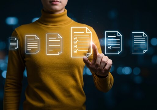 Digital checklist and survey form completion concept. Businesswoman interact with virtual checklist icons, digital forms, survey, data verification, document approval, and business process automation.
