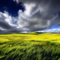 Fototapeta premium Dramatic Clouds over Rolling Green Fields and Yellow Flowers