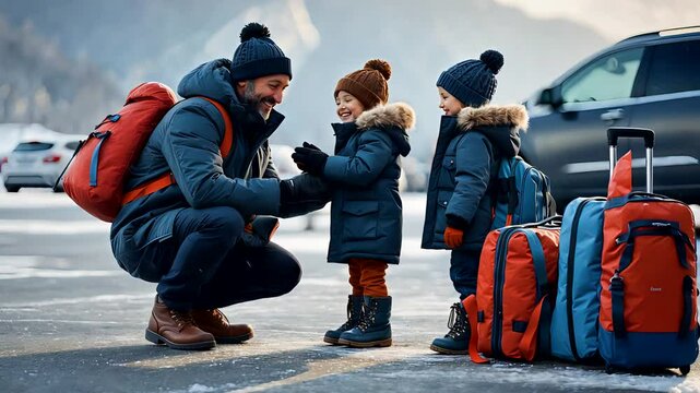 Father Helping Two Young Sons with Winter Clothes and Luggage Outdoors in Snowy Mountains