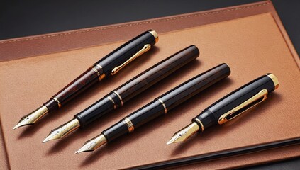 Four elegant fountain vintage pens with gold-plated nibs rest on a brown leather notebook, representing luxury writing tools, classic style, fine craftsmanship, and traditional office accessories.
