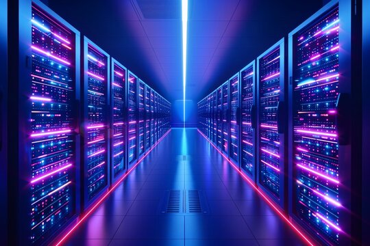 Hallway of Servers: A glowing hallway filled with rows of computer server racks; data storage, communication, and network infrastructure.