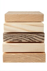 Stacked wooden blocks close up studio shot showing different wood grain patterns and textures on a white background for woodworking and carpentry projects