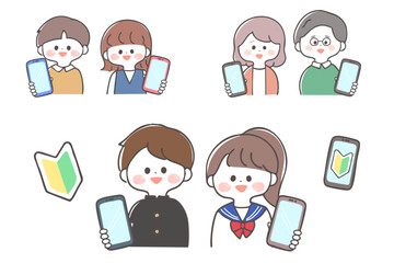 スマートフォンの画面を見せる子ども・中学生・高齢者のイラストセット　初心者　フルカラー