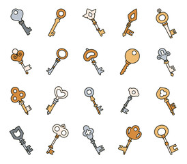 Key security access set with cute outline design featuring, privacy protection symbols, unlocking doors, safety tools for yours illustration and creative projects