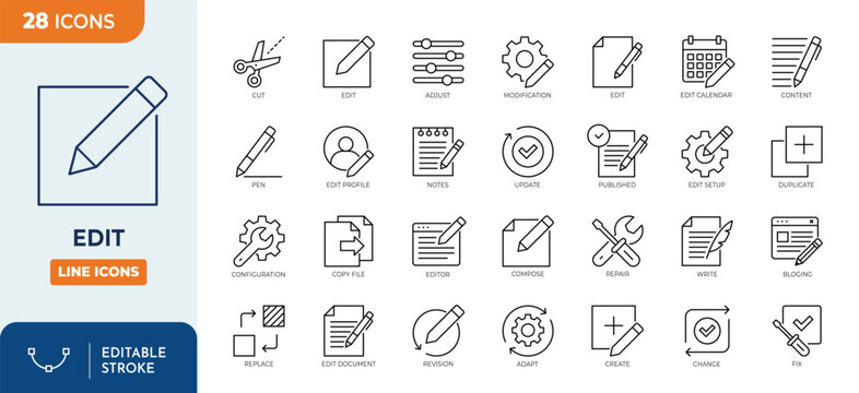 Edit tool icon set. Containing editor, revision, create, adjust, note, compose, cut, duplicate, pen and more. Outline Icon Collection. Editable stroke. Vector illustration	