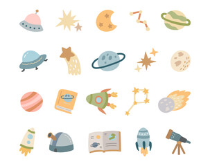 Astronomy scandinavian style educational exploration set featuring planets, rockets, telescopes, books, constellations, satellites, and scientific elements for yours illustration and creative designs 