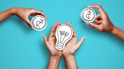 Money for startup, startup financing. Hands with dollar sign coins and light bulb over blue...