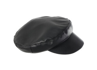 Flying black leather cap isolated on white background