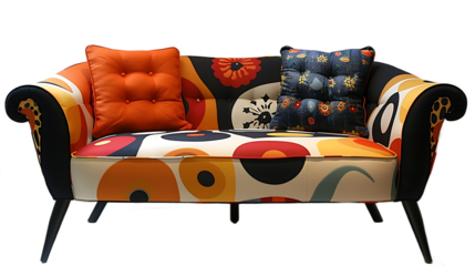 Stylish sofa with multicolor upholstery isolated on transparent background