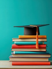 Graduation Cap Resting on Stack of Colorful Books Against Teal Background Still Life Education Concept