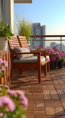 Fototapeta premium Cozy Outdoor Seating on Balcony with City View, Two Wooden Chairs with Cushion and Pillow, Potted Flowers, Warm Light, Residential Living