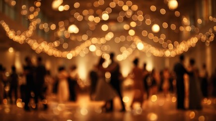 Blurred Wedding Reception with Dancing Couples and Bokeh Lights in Ballroom Setting from Eye-Level Perspective
