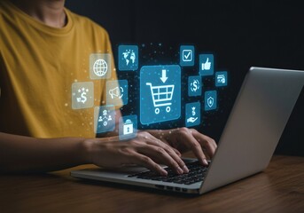 Online shopping and e-commerce technology internet concept. hands typing on a laptop surrounded by virtual icons representing e-commerce, online shopping, and digital marketing. Internet retail