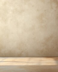 Beige textured wall and floor with natural light casting shadows in studio shot for background or mockup