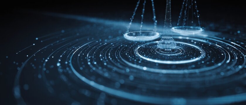 Digital Scales of Justice Abstract Concept with Futuristic Technology and Data Flow in Blue Tones Studio Shot