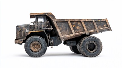 Obraz premium Isolated heavy duty dumper truck with mud and rust on a white background