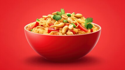 Colorful healthy pasta salad in red bowl with vegetables and herbs on vibrant red background perfect for nutritious meal and dietary choices