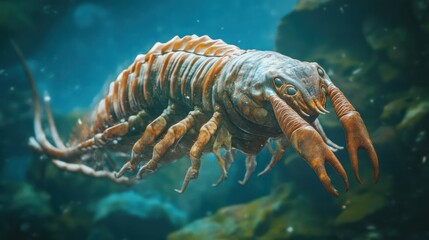 Highly detailed realistic underwater scene featu a prehistoric giant sea creature resembling a marine arthropod with multiple legs and a segmented body swimming in deep ocean environment