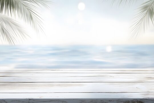 Serene Beach View Wooden Tabletop Mockup