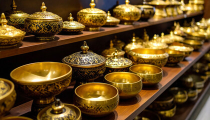 a collection of golden bowls displayed behind glass in an elegant setting, possibly a store specializing in religious or cultural artifacts.