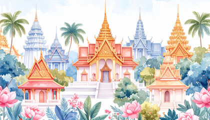 Fototapeta premium this is an illustration of a serene tropical scene with traditional thai style architecture. the setting features a cluster of colorful wooden houses nestled within lush tropical vegetation