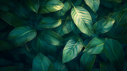 Close-up view of lush green tropical leaves.