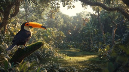 Nature Themed 3d Render of a Peaceful Jungle Clearing With Tropical Trees Lush Foliage and a Toucan Bird Quietly Sitting a Mossy Branch Original Background