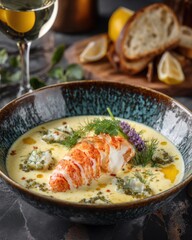 Lobster bisque presentation in ceramic bowl with caviar and dill garnish studio shot gourmet dining experience