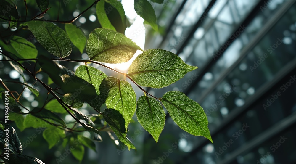 Poster sunlight filtering through vibrant green leaves in urban setting