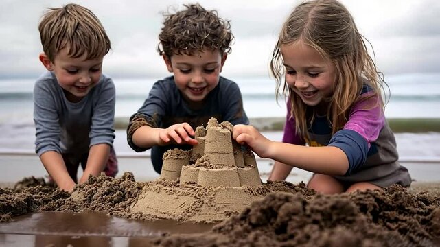 Three children building a sandcastle on a beach laughing enjoying the sunny day. Focus on playful activities and summer vibes. Light background with waves and sky.