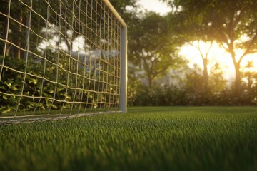 Soccer goal on green grass field at sunset low angle view of empty stadium for sports competition and recreation in park