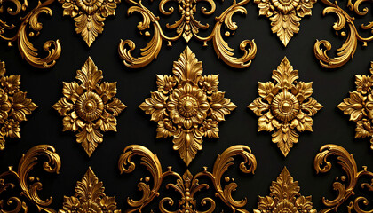 a detailed wallpaper with an intricate gold floral pattern against a dark background.