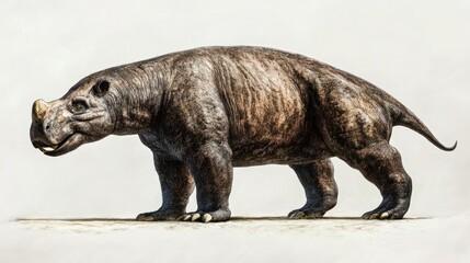 Fototapeta premium Highly detailed realistic model of a prehistoric mammal resembling a large armored mammal with a robust body, short legs, thick skin, and a horned head on a plain background