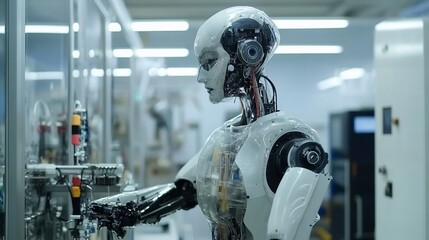 Futuristic humanoid robot working in a high-tech manufacturing facility
