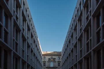 Fototapeta premium A striking architectural view from within a courtyard of the Humboldt Forum in Berlin, Germany. 