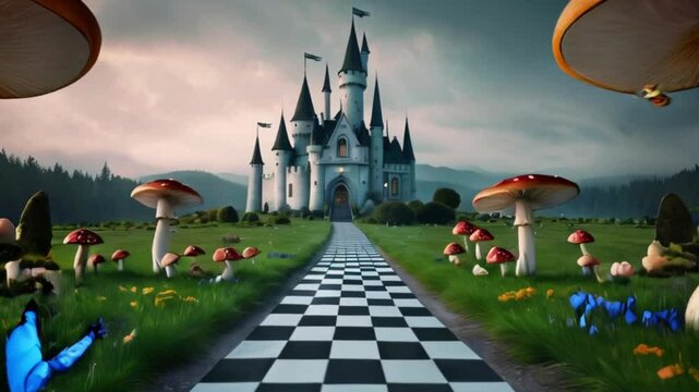 Alice in Wonderland theme poster, Fantasy Landscape with Mushrooms, Castle, Butterflies, and a Checkered Path. Magical Animation Footage, Background, created with generative ai