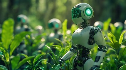 Futuristic agricultural robots tending crops in lush green fields