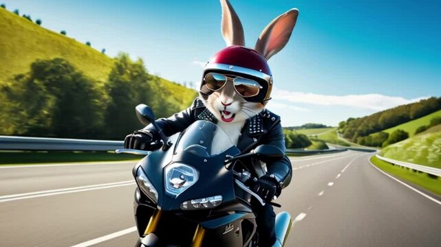 rabbit bunny, with a gleaming white buck tooth and mischievous glint in its bright brown Easter bunny on a motorcycle riding along the road created with generative ai.	
