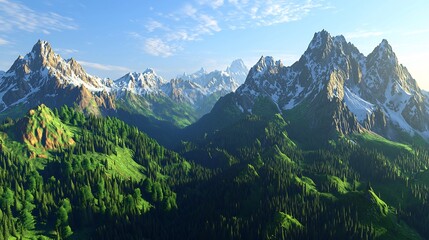 Obraz premium Peaceful Nature Scene In 3d With Stylised Mountains and Forested Sides Gently Illuminated By Cool Morning Light Cerulean Toned Sky Pastel Blue Background