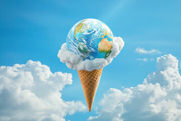 Earth as ice cream melting in the sky symbolizing global warming