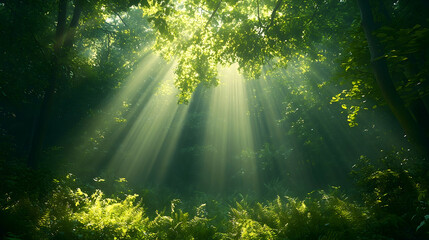 Sunlight rays piercing a dense forest canopy.