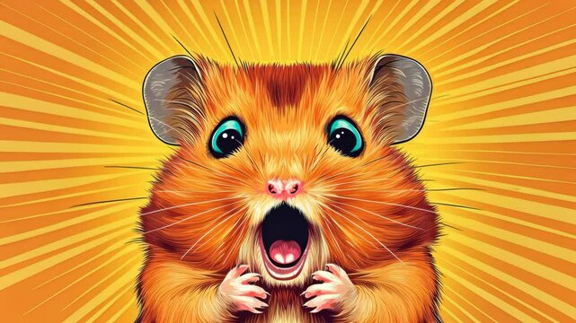Surprised hamster with vibrant rays in the background.