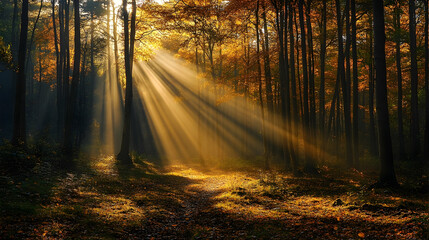 Fototapeta premium Sunlight beams through autumnal forest canopy.