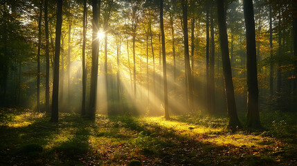 Obraz premium Golden sunlight streams through a dense autumn forest.