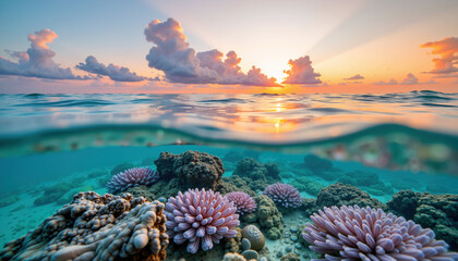 A serene underwater scene with vibrant corals and a stunning sunset above the horizon.