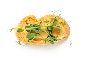 Piece of bread with tasty hummus and fresh sprouts on white background
